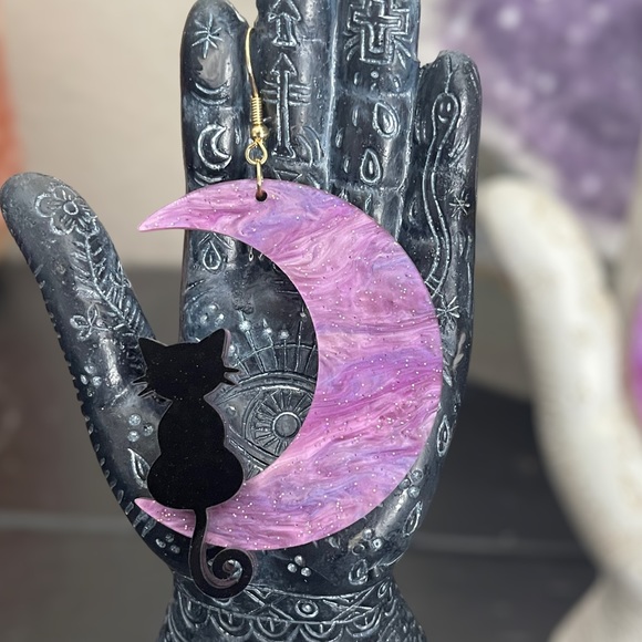 Witchy Moon Black Cat Star Acrylic Glitter Earrings - Picture 3 of 8